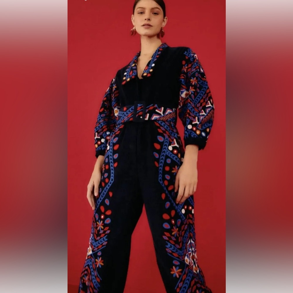 Anthropologie Farm Rio Embroidered Corduroy Jumpsuit Size Large